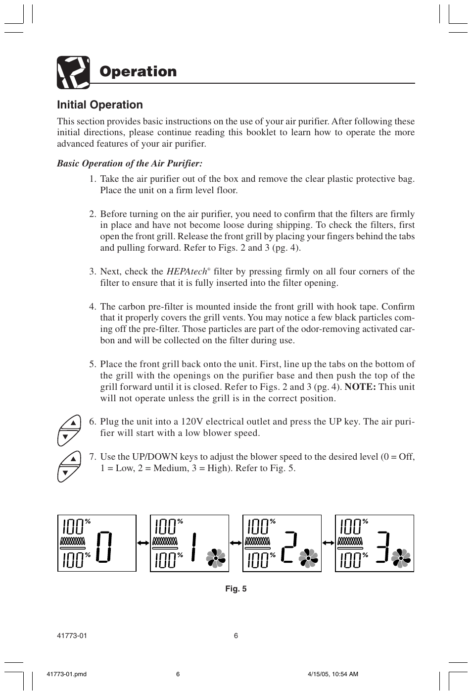 Operation, Initial operation | Hunter Fan 30378 User Manual | Page 6 / 15