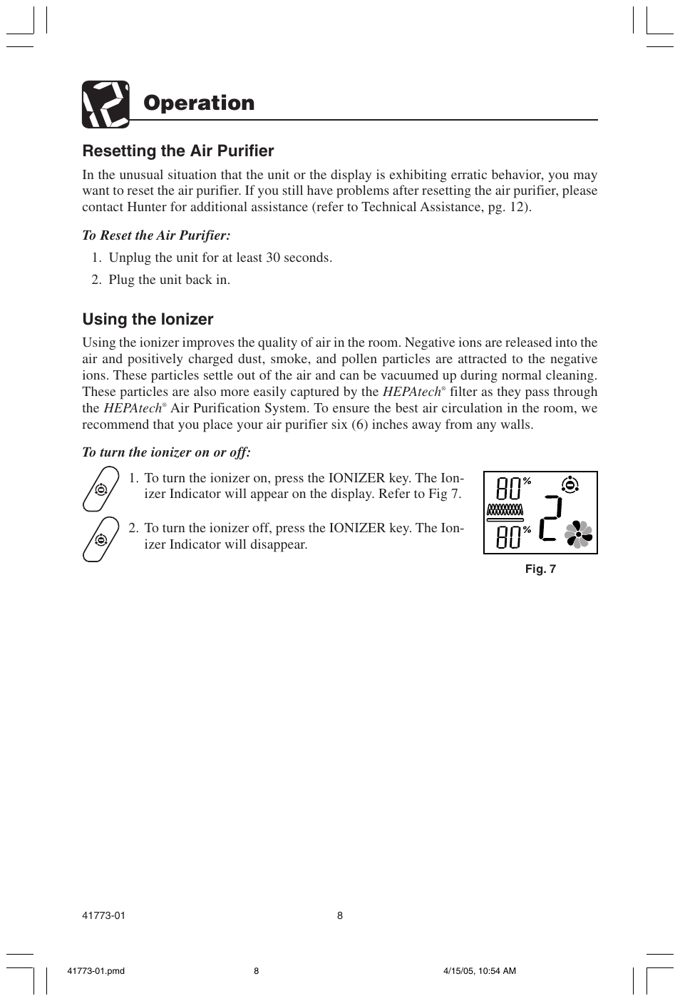 Operation, Resetting the air purifier, Using the ionizer | Hunter Fan 30378 User Manual | Page 8 / 15