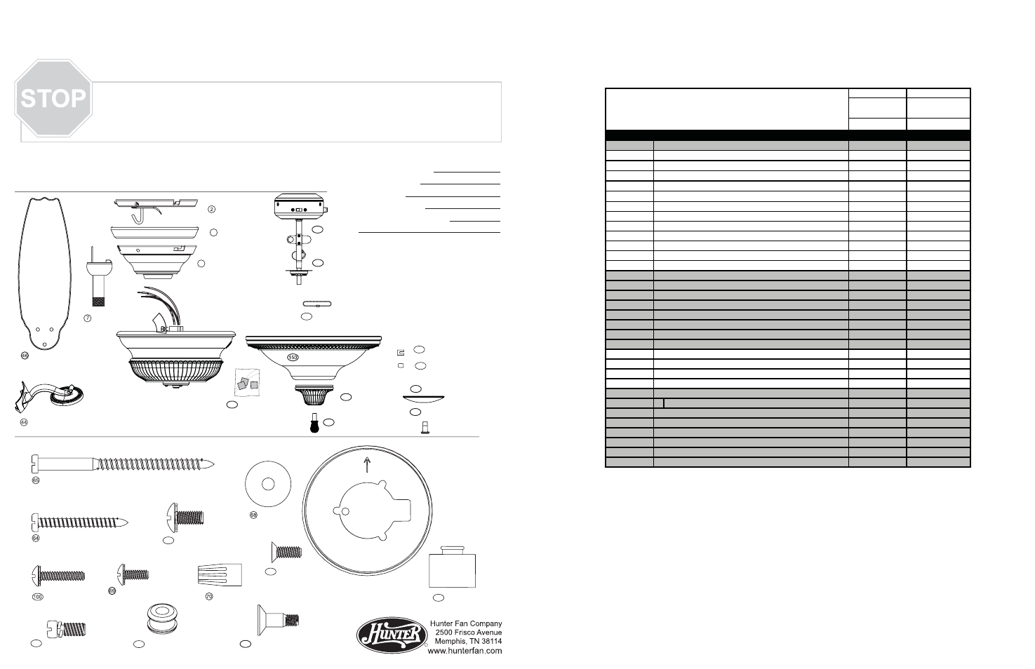 667 vestavia spx.pdf, Guía de piezas, Lista de piezas | Piezas del ventilador, Herrajes | Hunter Fan 21580 User Manual | Page 2 / 2