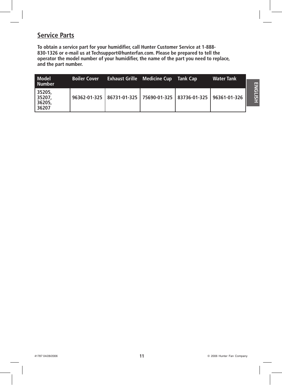 Service parts | Hunter Fan 36205 User Manual | Page 11 / 28