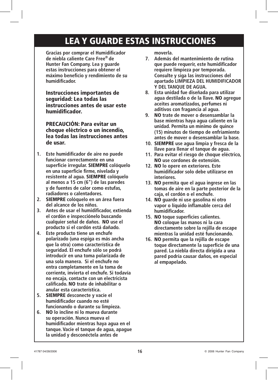 Lea y guarde estas instrucciones | Hunter Fan 36205 User Manual | Page 16 / 28