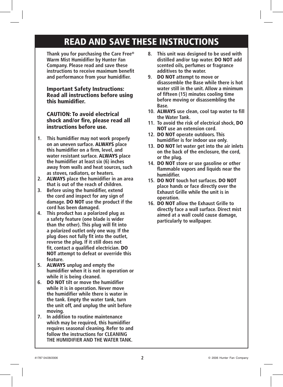 Read and save these instructions | Hunter Fan 36205 User Manual | Page 2 / 28