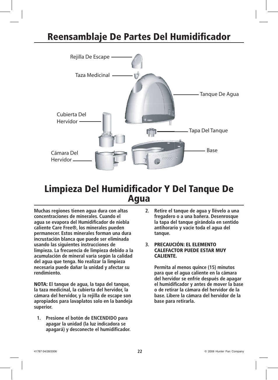 Reensamblaje de partes del humidificador, Limpieza del humidificador y del tanque de agua | Hunter Fan 36205 User Manual | Page 22 / 28