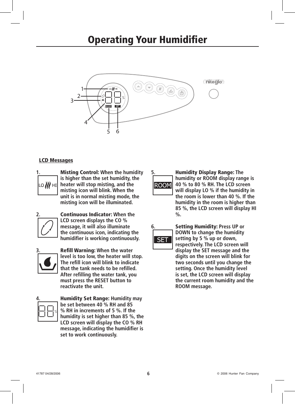 Operating your humidifier | Hunter Fan 36205 User Manual | Page 6 / 28