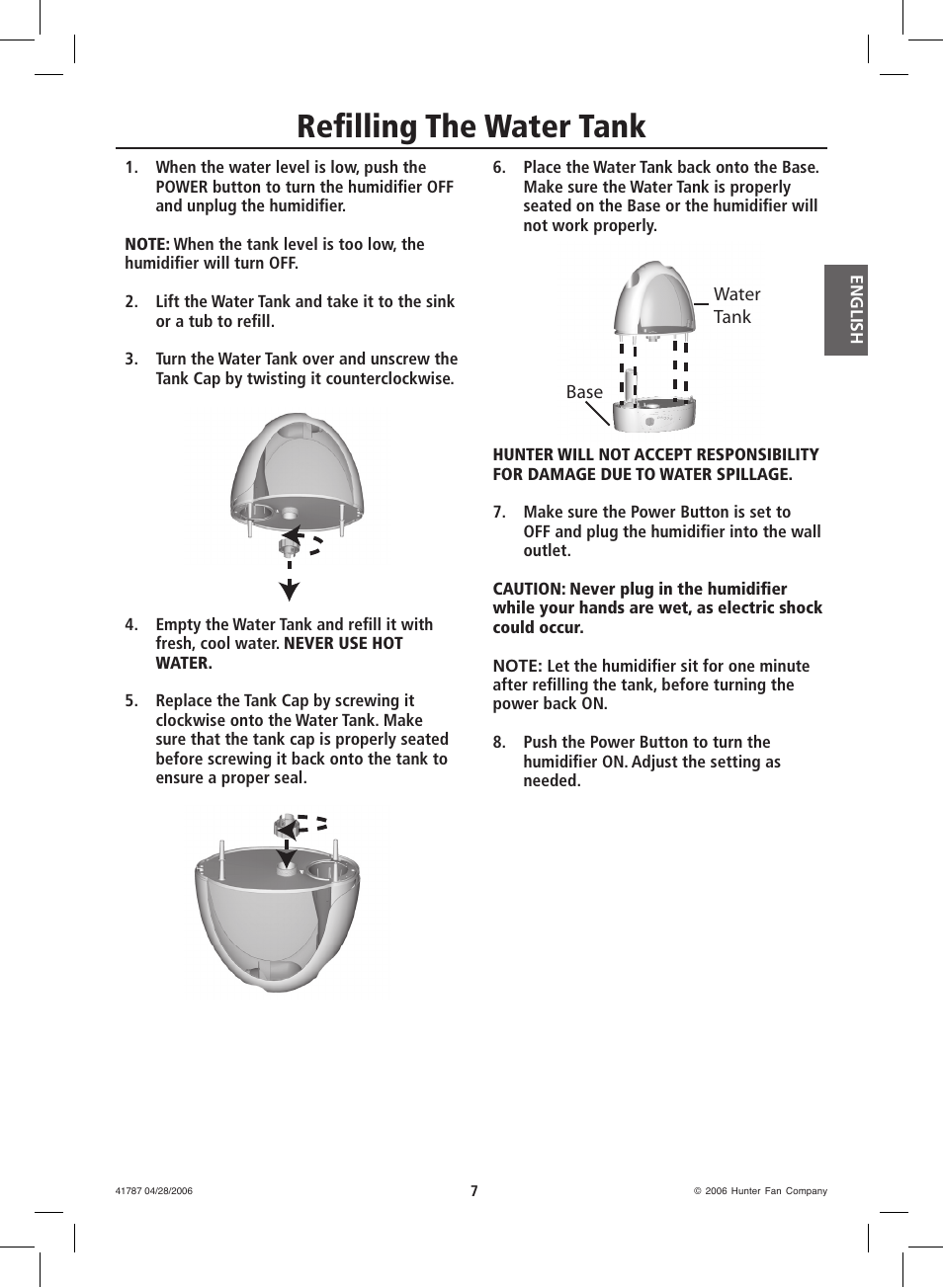 Refilling the water tank | Hunter Fan 36205 User Manual | Page 7 / 28