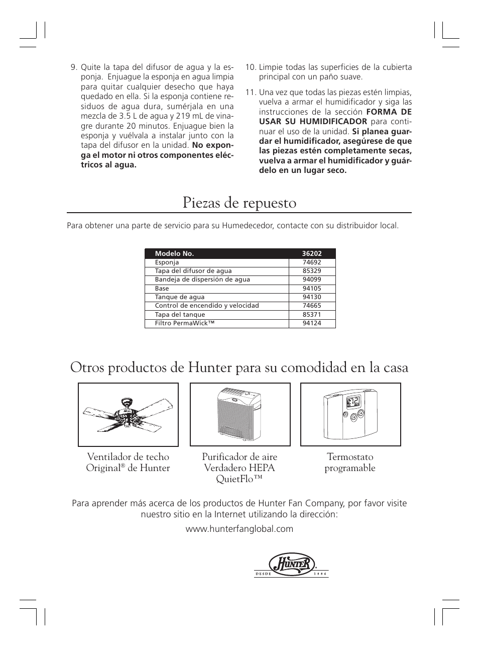 Piezas de repuesto, Ventilador de techo original | Hunter Fan 36202 User Manual | Page 12 / 54