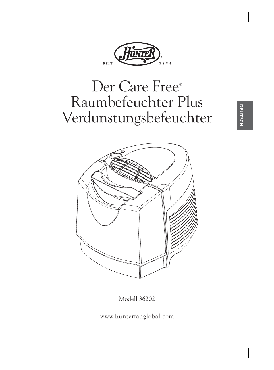 Der care free, Raumbefeuchter plus verdunstungsbefeuchter | Hunter Fan 36202 User Manual | Page 13 / 54