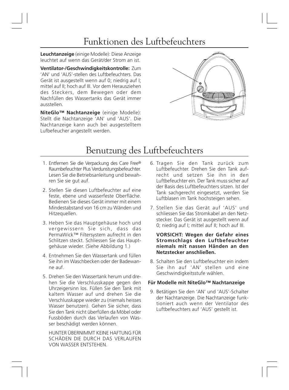 Funktionen des luftbefeuchters, Benutzung des luftbefeuchters | Hunter Fan 36202 User Manual | Page 16 / 54