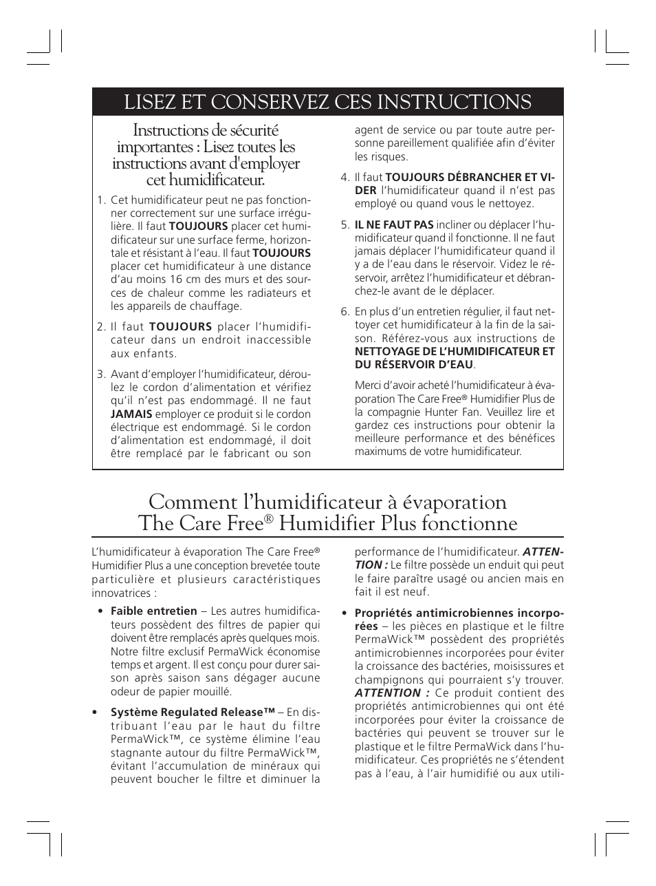 Humidifier plus fonctionne, Lisez et conservez ces instructions | Hunter Fan 36202 User Manual | Page 20 / 54