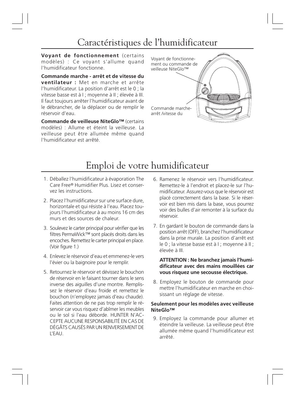 Caractéristiques de l’humidificateur, Emploi de votre humidificateur | Hunter Fan 36202 User Manual | Page 22 / 54