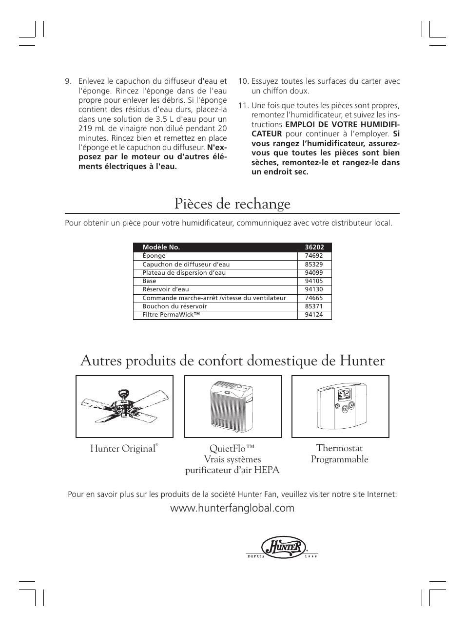 Pièces de rechange, Autres produits de confort domestique de hunter, Hunter original | Hunter Fan 36202 User Manual | Page 24 / 54
