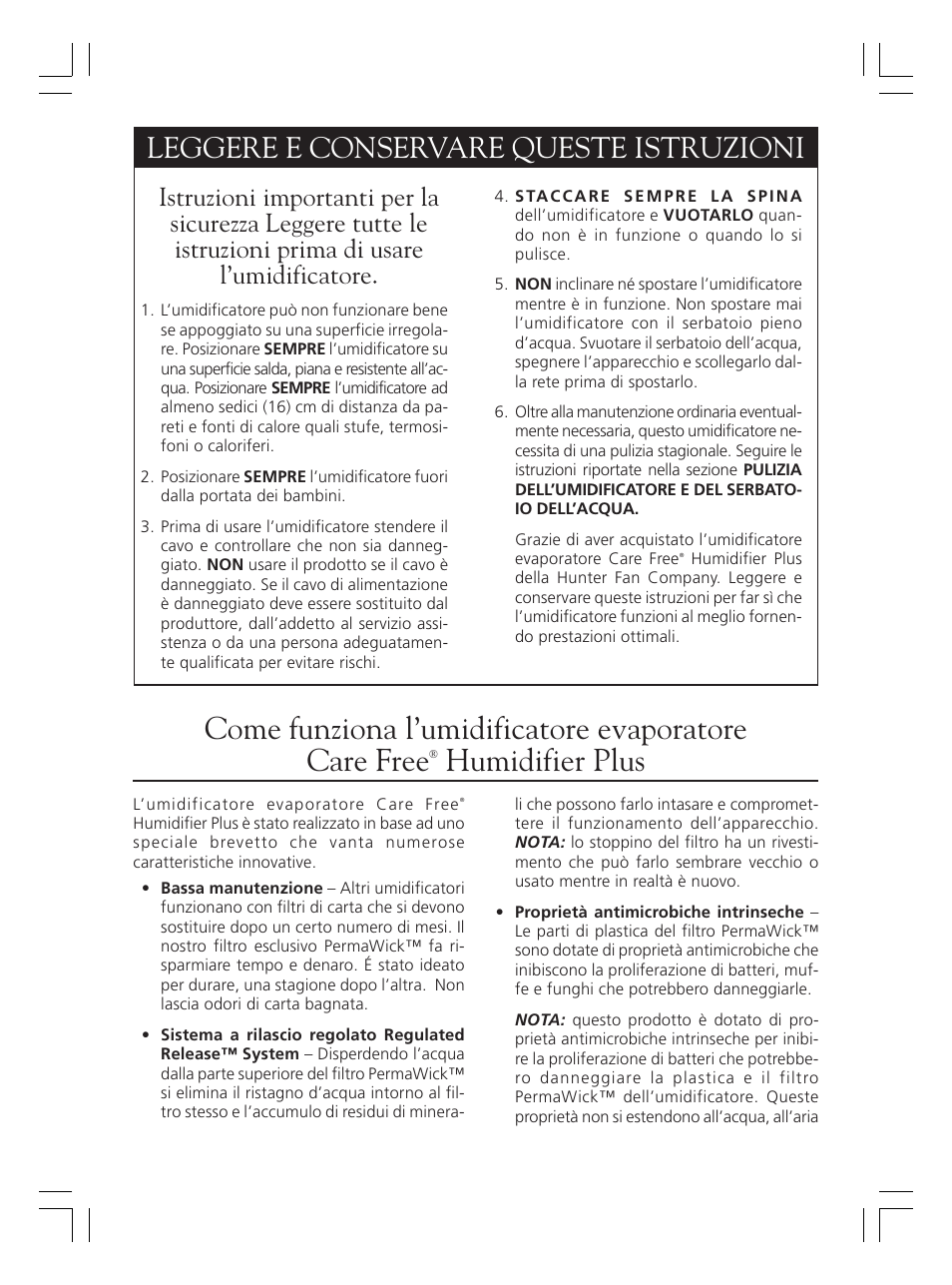 Humidifier plus, Leggere e conservare queste istruzioni | Hunter Fan 36202 User Manual | Page 26 / 54