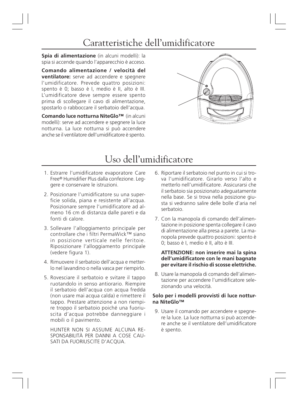 Caratteristiche dell’umidificatore, Uso dell’umidificatore | Hunter Fan 36202 User Manual | Page 28 / 54