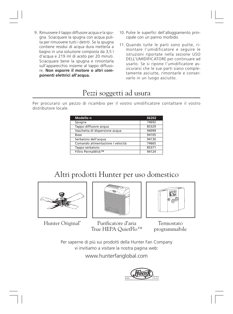 Pezzi soggetti ad usura, Altri prodotti hunter per uso domestico, Hunter original | Hunter Fan 36202 User Manual | Page 30 / 54