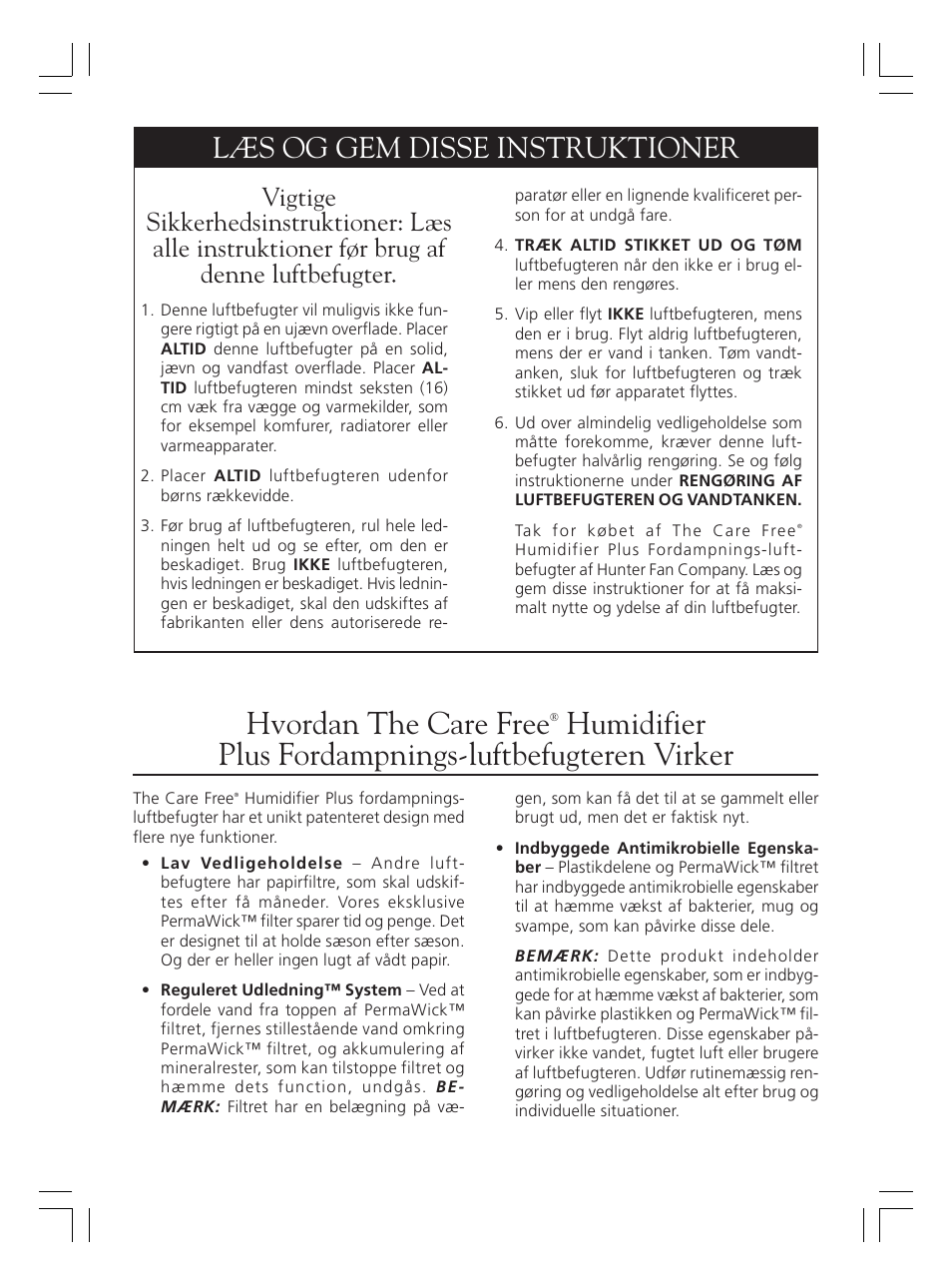 Hvordan the care free, Humidifier plus fordampnings-luftbefugteren virker, Læs og gem disse instruktioner | Hunter Fan 36202 User Manual | Page 32 / 54