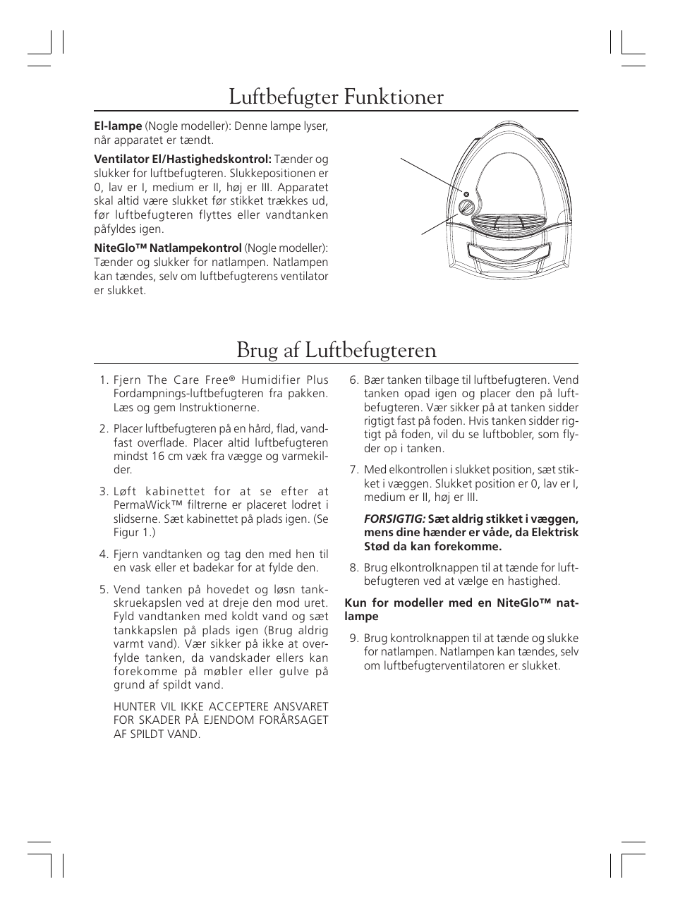 Luftbefugter funktioner, Brug af luftbefugteren | Hunter Fan 36202 User Manual | Page 34 / 54