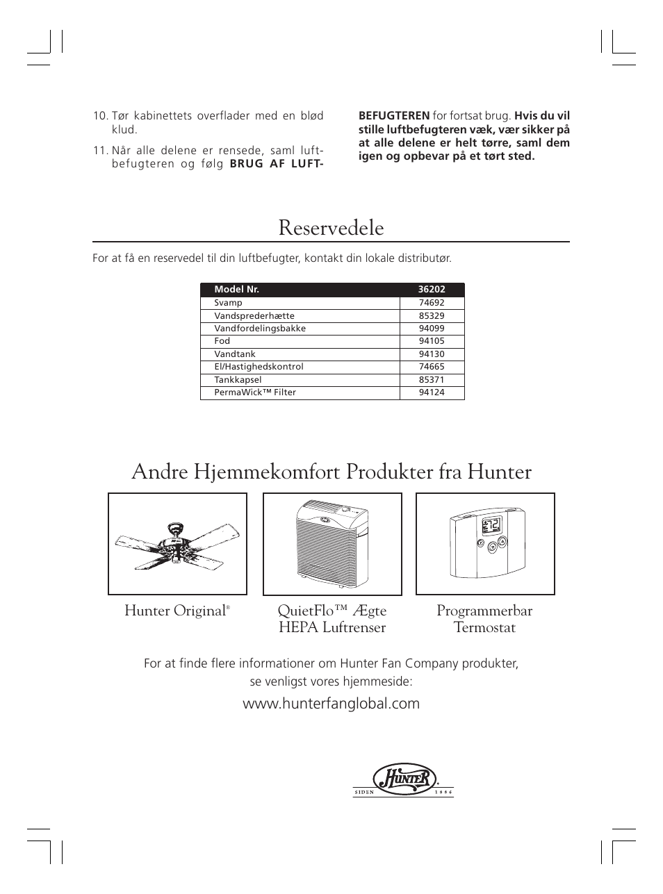 Reservedele, Andre hjemmekomfort produkter fra hunter, Hunter original | Hunter Fan 36202 User Manual | Page 36 / 54