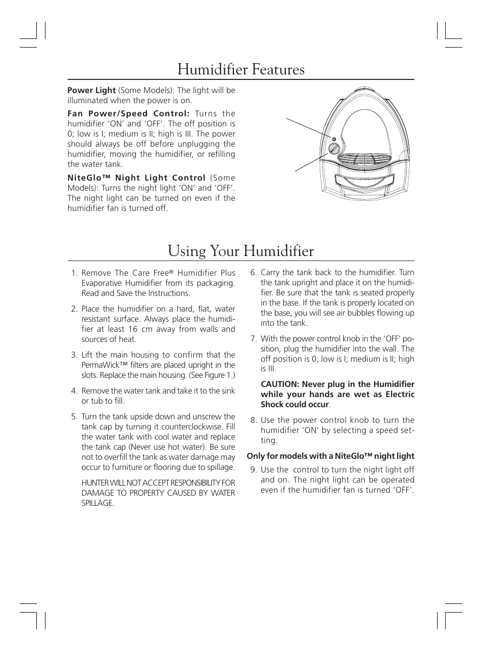 Humidifier features, Using your humidifier | Hunter Fan 36202 User Manual | Page 4 / 54