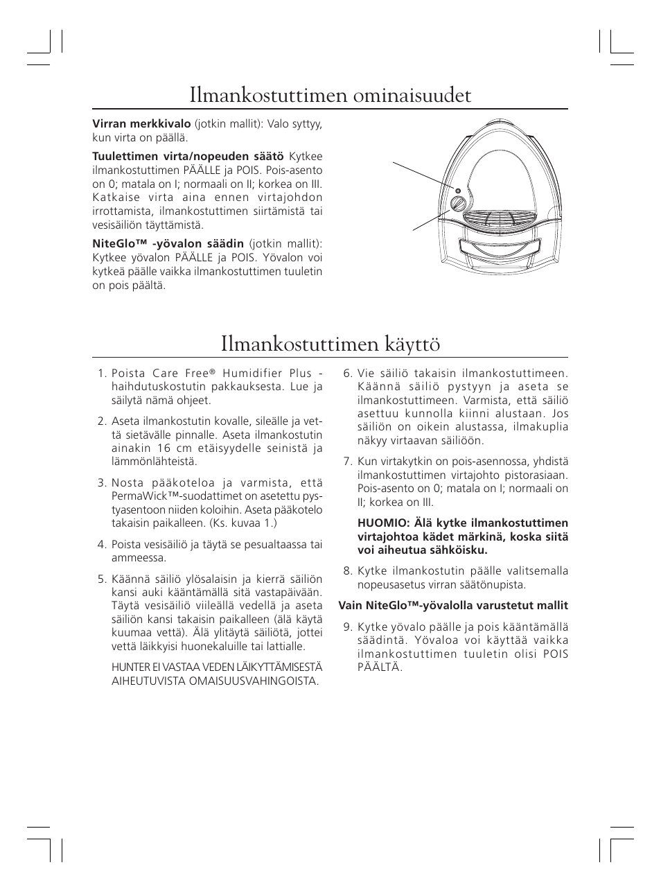 Ilmankostuttimen ominaisuudet, Ilmankostuttimen käyttö | Hunter Fan 36202 User Manual | Page 40 / 54