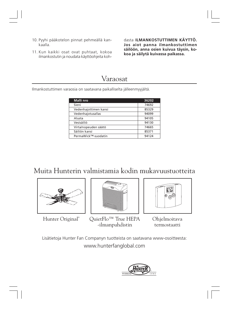 Varaosat, Muita hunterin valmistamia kodin mukavuustuotteita, Hunter original | Hunter Fan 36202 User Manual | Page 42 / 54