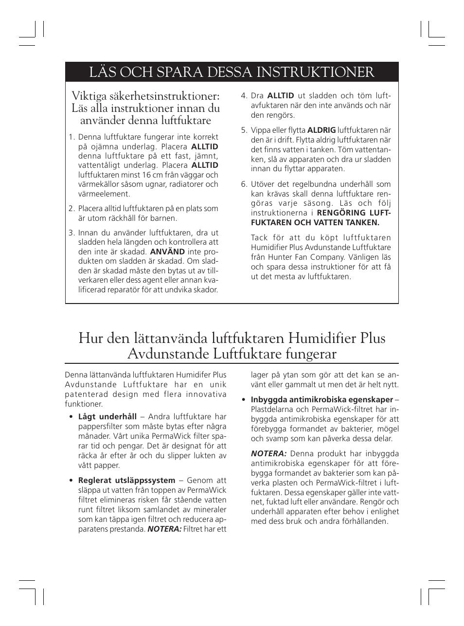 Läs och spara dessa instruktioner | Hunter Fan 36202 User Manual | Page 44 / 54