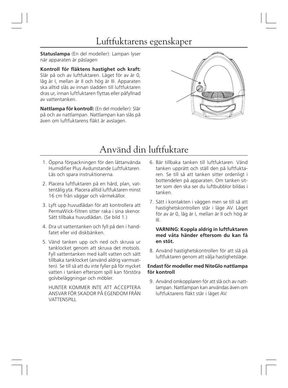 Luftfuktarens egenskaper, Använd din luftfuktare | Hunter Fan 36202 User Manual | Page 46 / 54