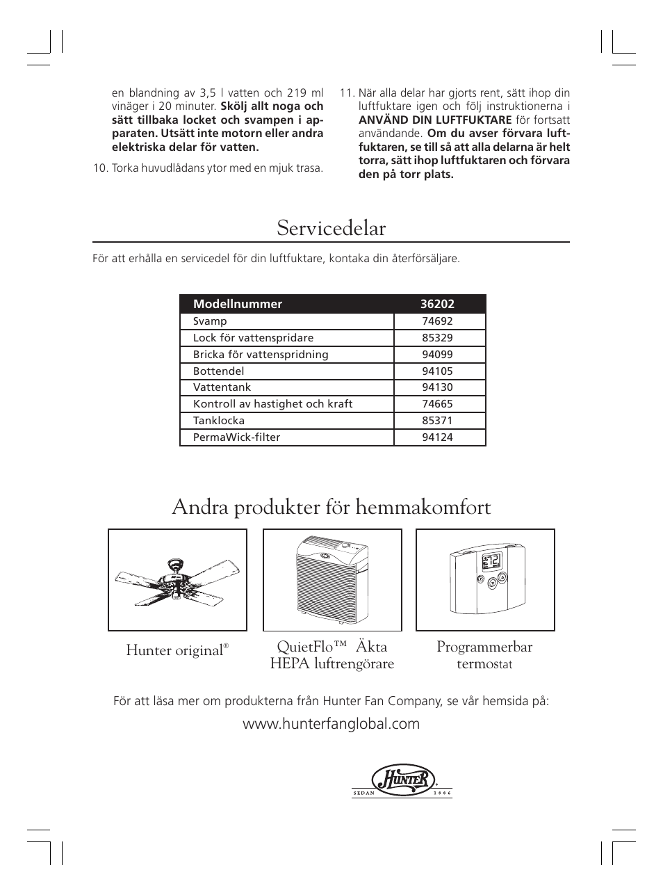 Servicedelar, Andra produkter för hemmakomfort, Hunter original | Hunter Fan 36202 User Manual | Page 48 / 54
