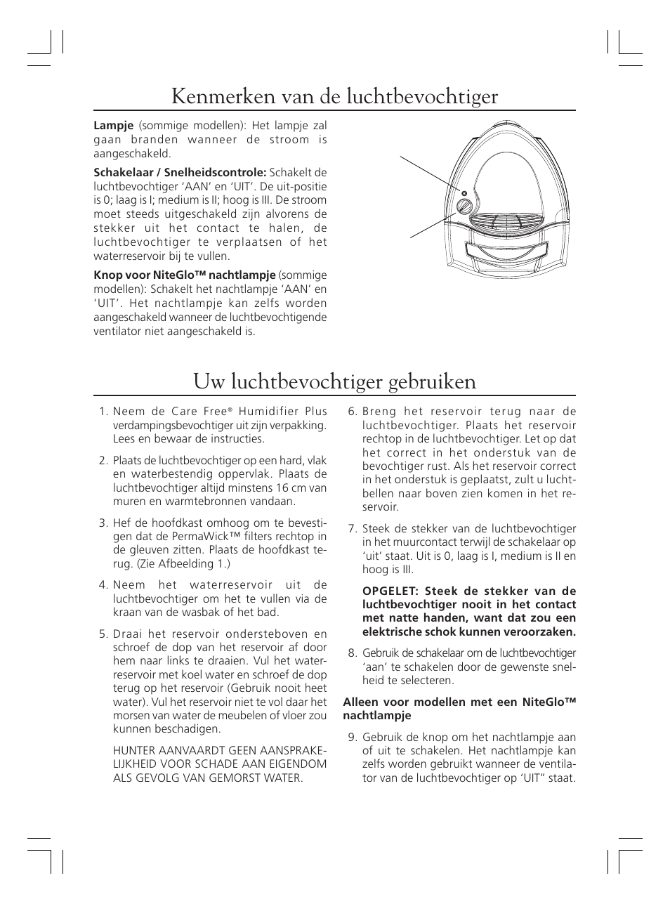Kenmerken van de luchtbevochtiger, Uw luchtbevochtiger gebruiken | Hunter Fan 36202 User Manual | Page 52 / 54