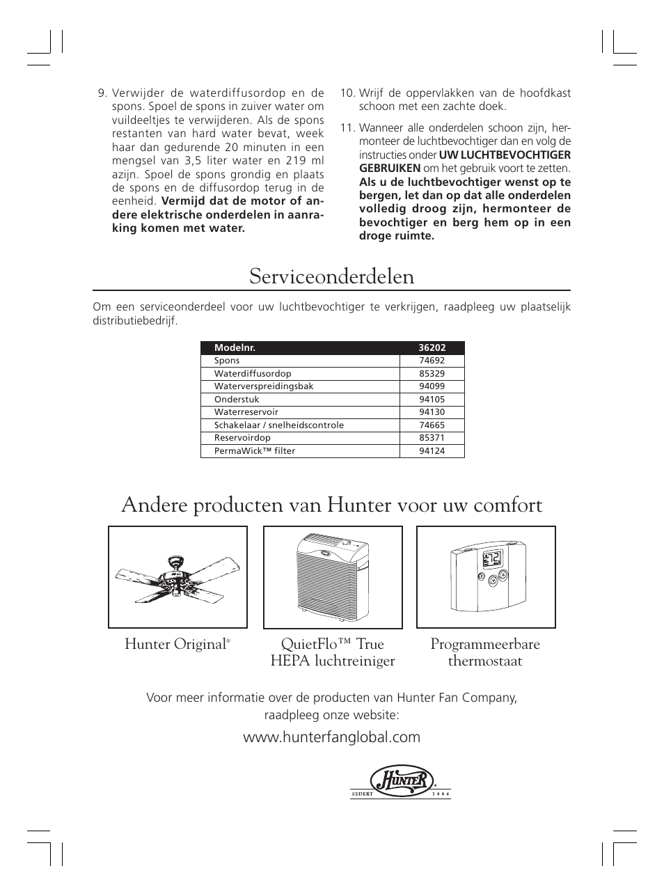 Serviceonderdelen, Andere producten van hunter voor uw comfort, Hunter original | Hunter Fan 36202 User Manual | Page 54 / 54