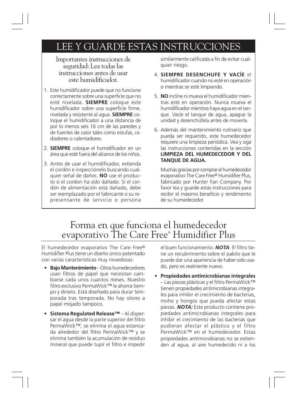 Lee y guarde estas instrucciones, Humidifier plus | Hunter Fan 36202 User Manual | Page 8 / 54