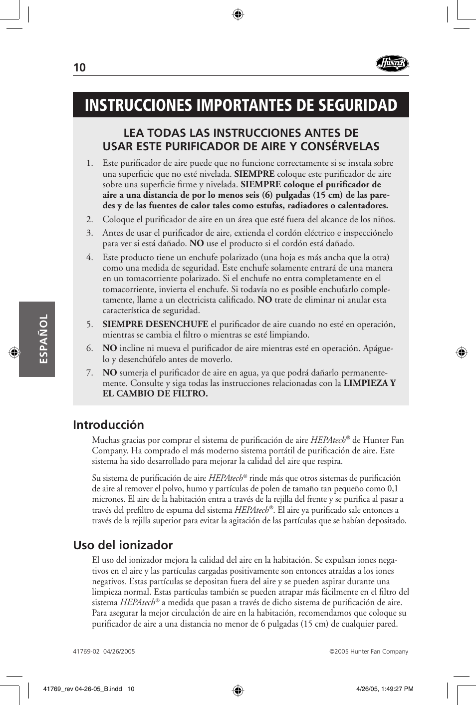 Instrucciones importantes de seguridad, Introducción, Uso del ionizador | Hunter Fan 30213 User Manual | Page 10 / 24