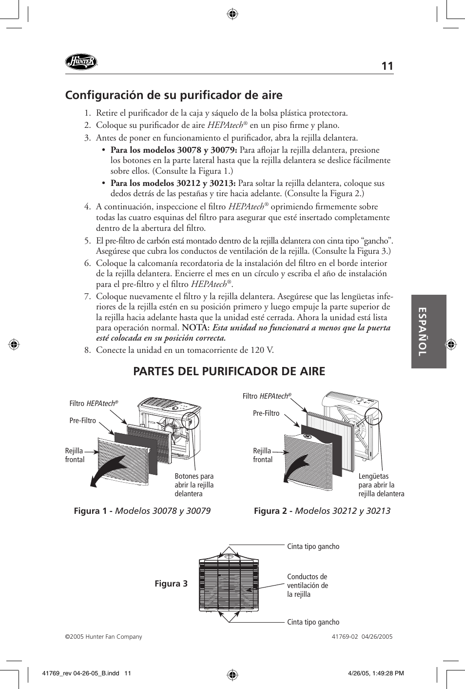 Confi guración de su purifi cador de aire, Partes del purificador de aire, Esp añol | Hunter Fan 30213 User Manual | Page 11 / 24