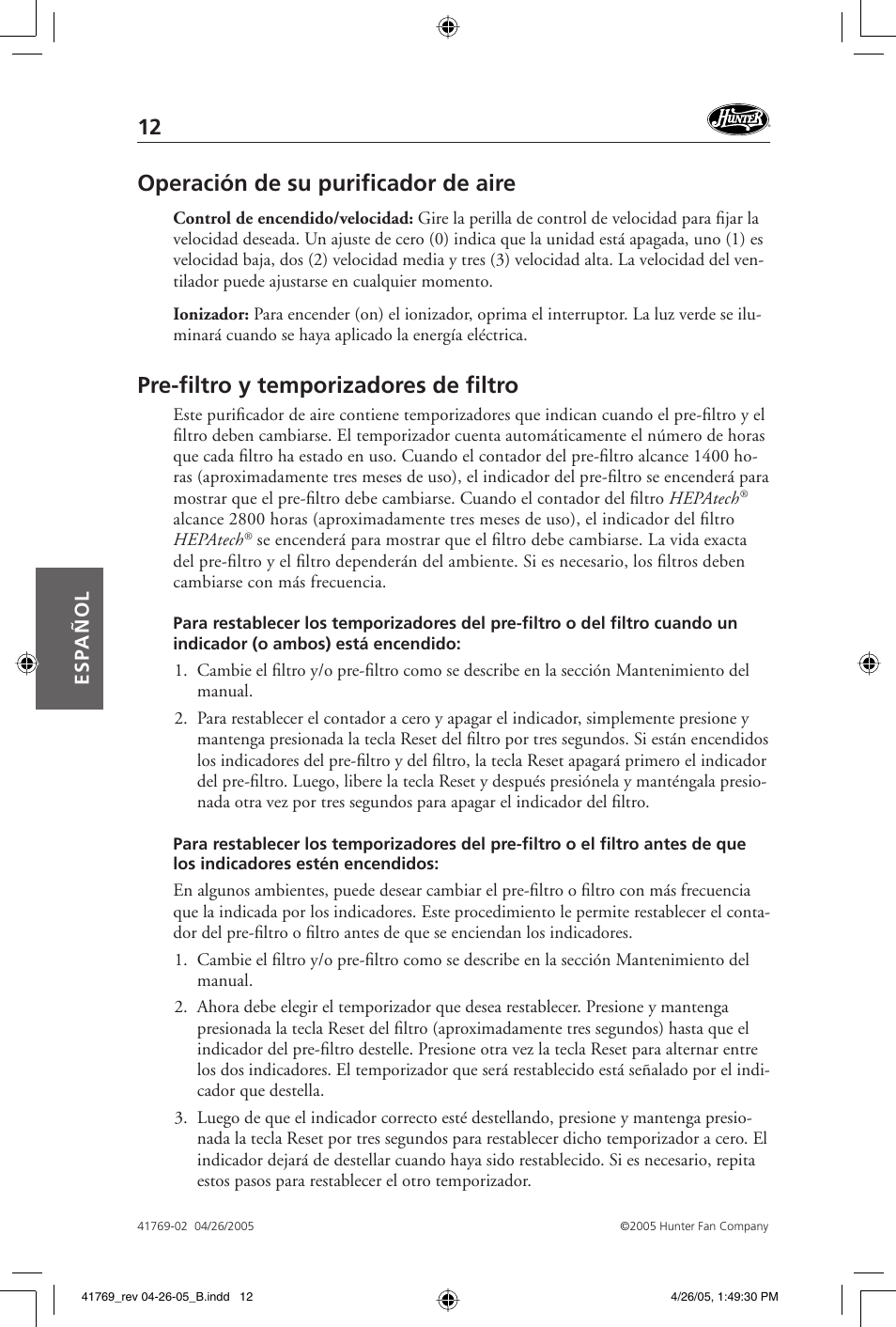 Operación de su purifi cador de aire, Pre-fi ltro y temporizadores de fi ltro | Hunter Fan 30213 User Manual | Page 12 / 24