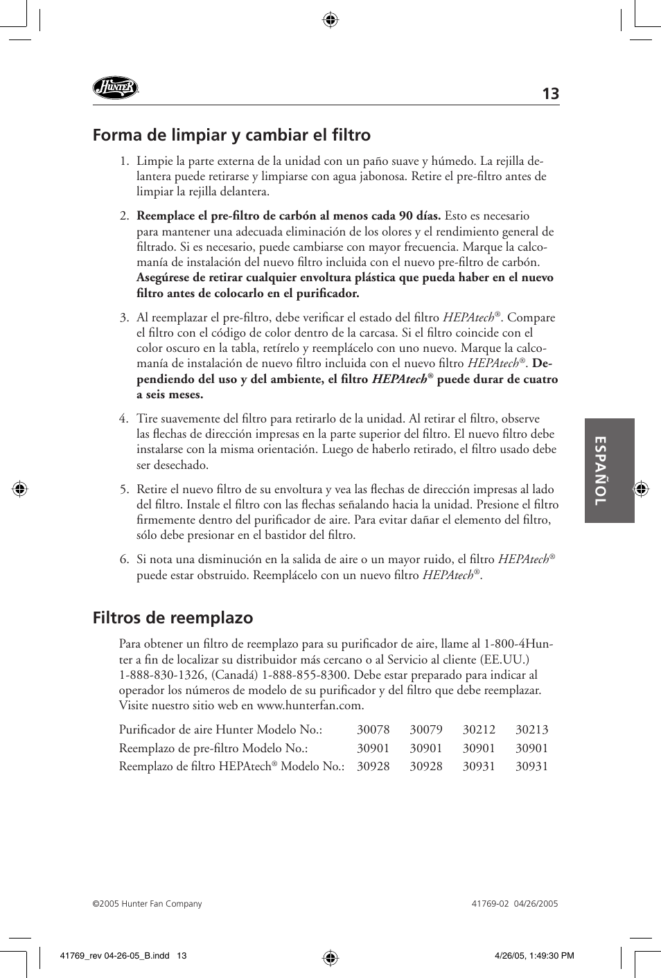 Forma de limpiar y cambiar el fi ltro, Filtros de reemplazo, Esp añol | Hunter Fan 30213 User Manual | Page 13 / 24