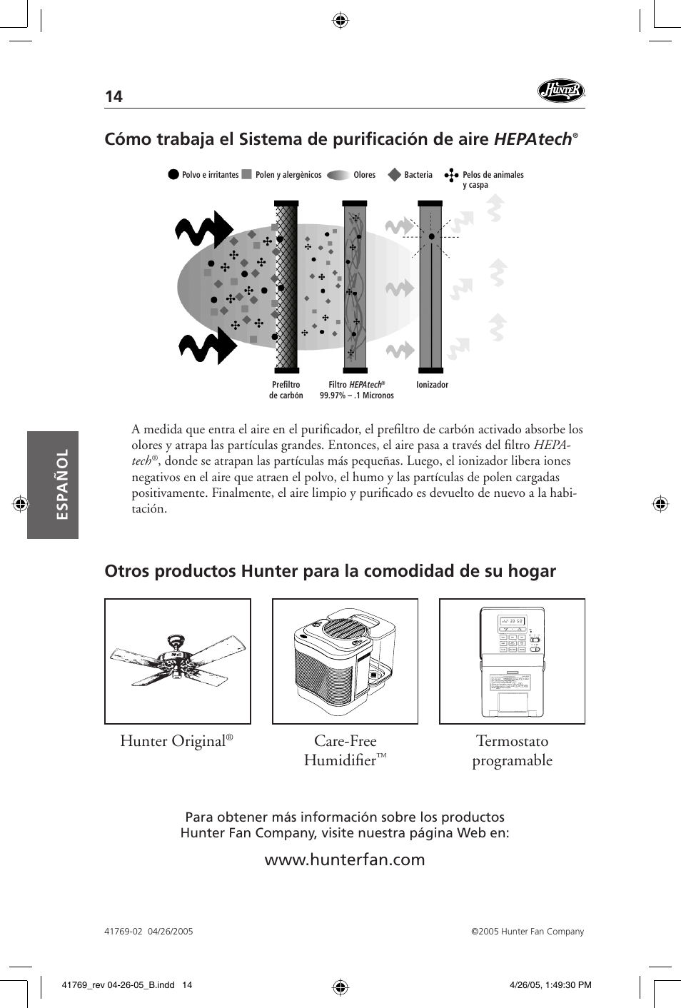 Termostato programable care-free humidifi er, Esp añol | Hunter Fan 30213 User Manual | Page 14 / 24