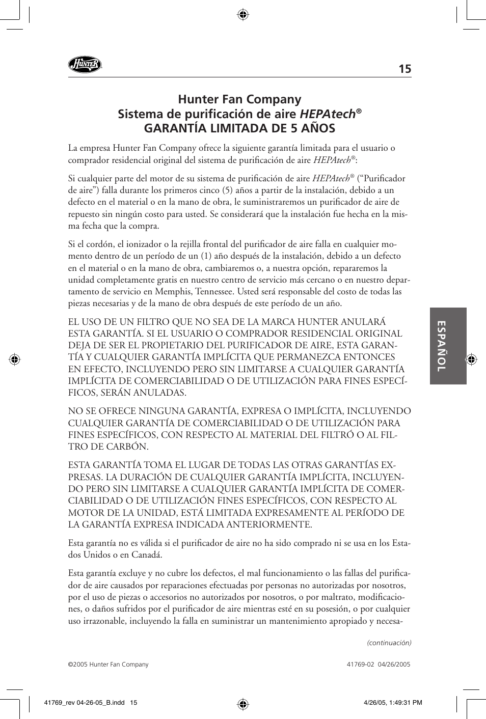 Garantía limitada de 5 años, Esp añol | Hunter Fan 30213 User Manual | Page 15 / 24