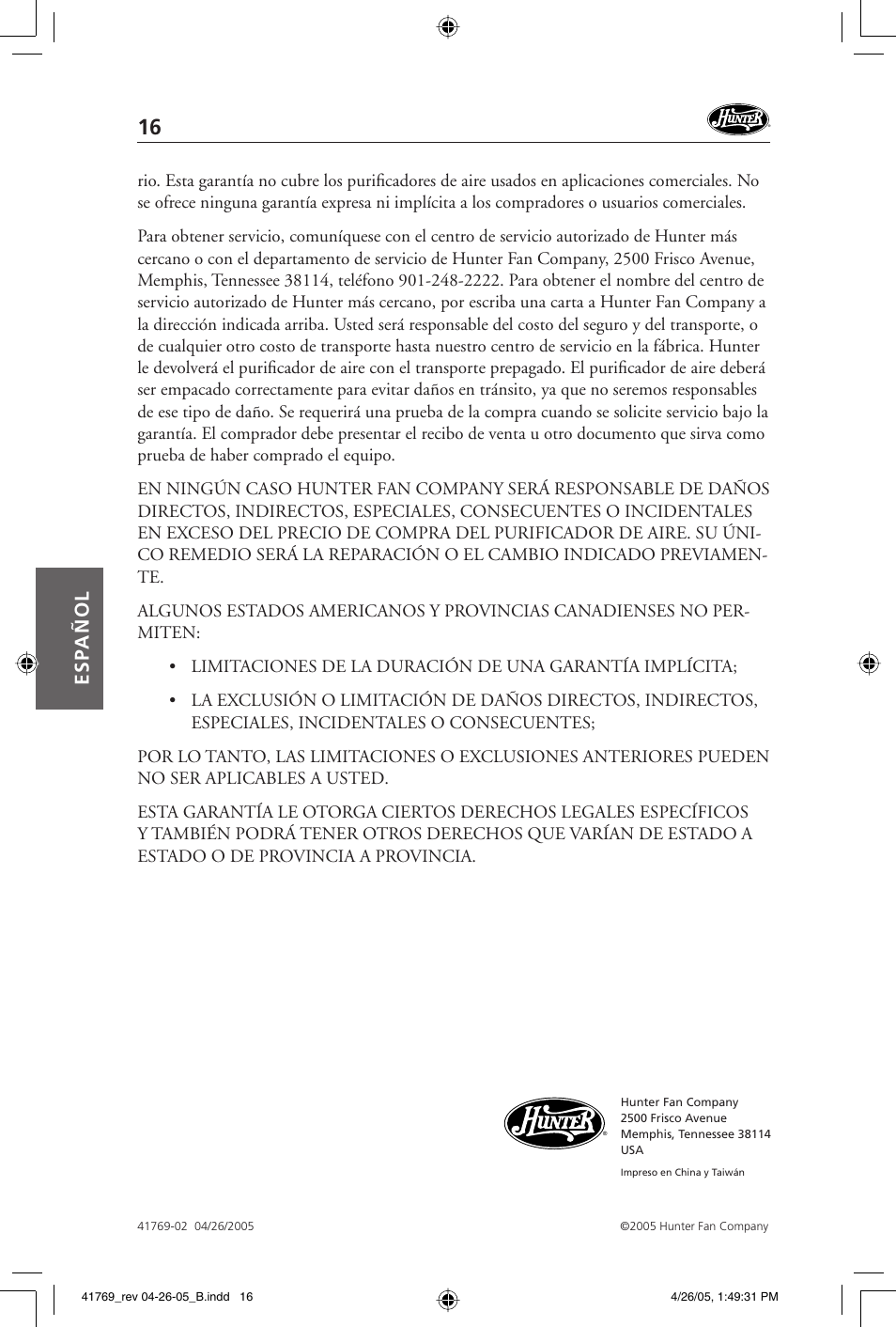 Esp añol | Hunter Fan 30213 User Manual | Page 16 / 24