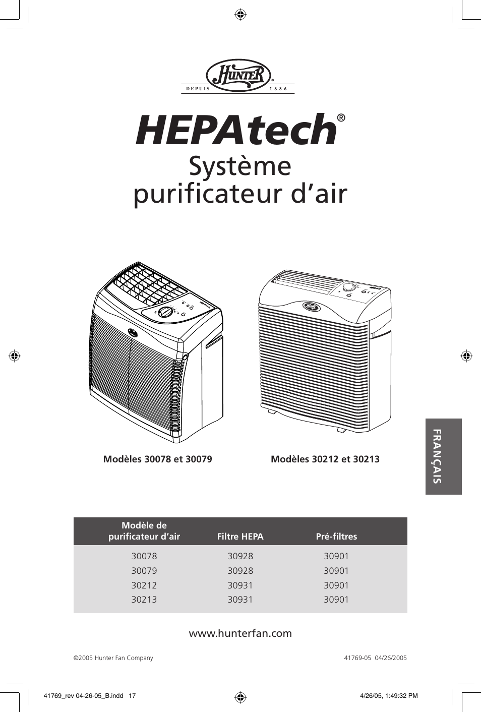 Hepatech, Système purifi cateur d’air | Hunter Fan 30213 User Manual | Page 17 / 24