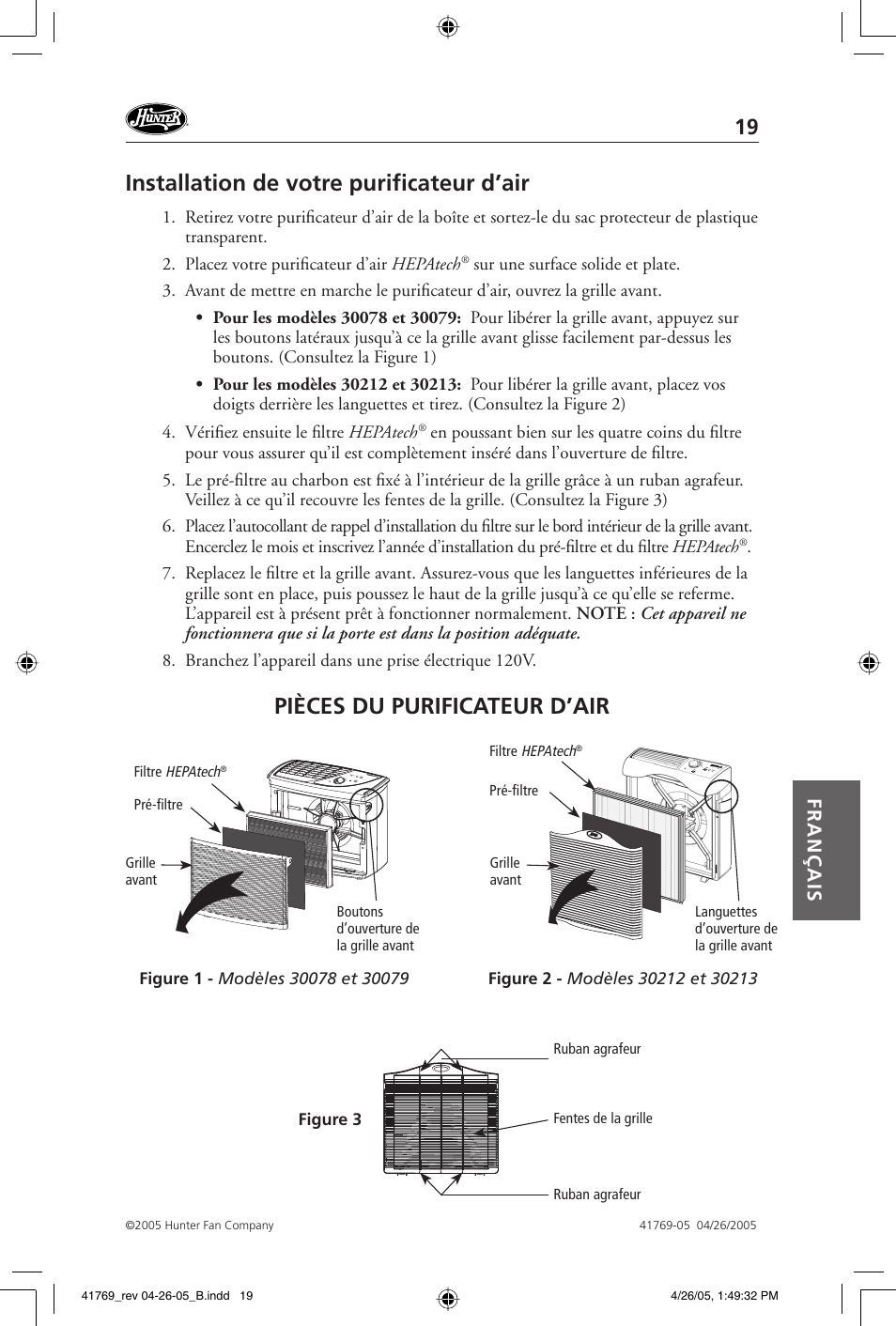 Installation de votre purifi cateur d’air, Pièces du purificateur d’air, Français | Hunter Fan 30213 User Manual | Page 19 / 24