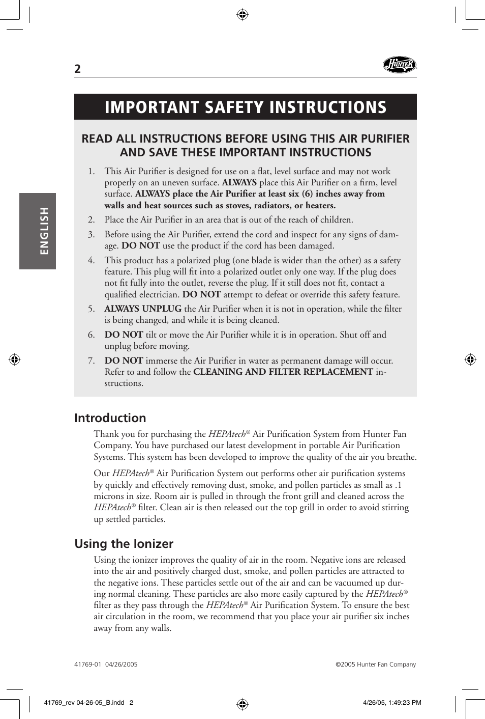 Important safety instructions, Introduction, Using the ionizer | Hunter Fan 30213 User Manual | Page 2 / 24