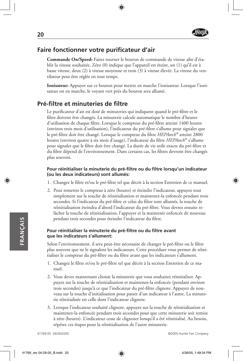 Faire fonctionner votre purifi cateur d’air, Pré-fi ltre et minuteries de fi ltre, Français | Hunter Fan 30213 User Manual | Page 20 / 24