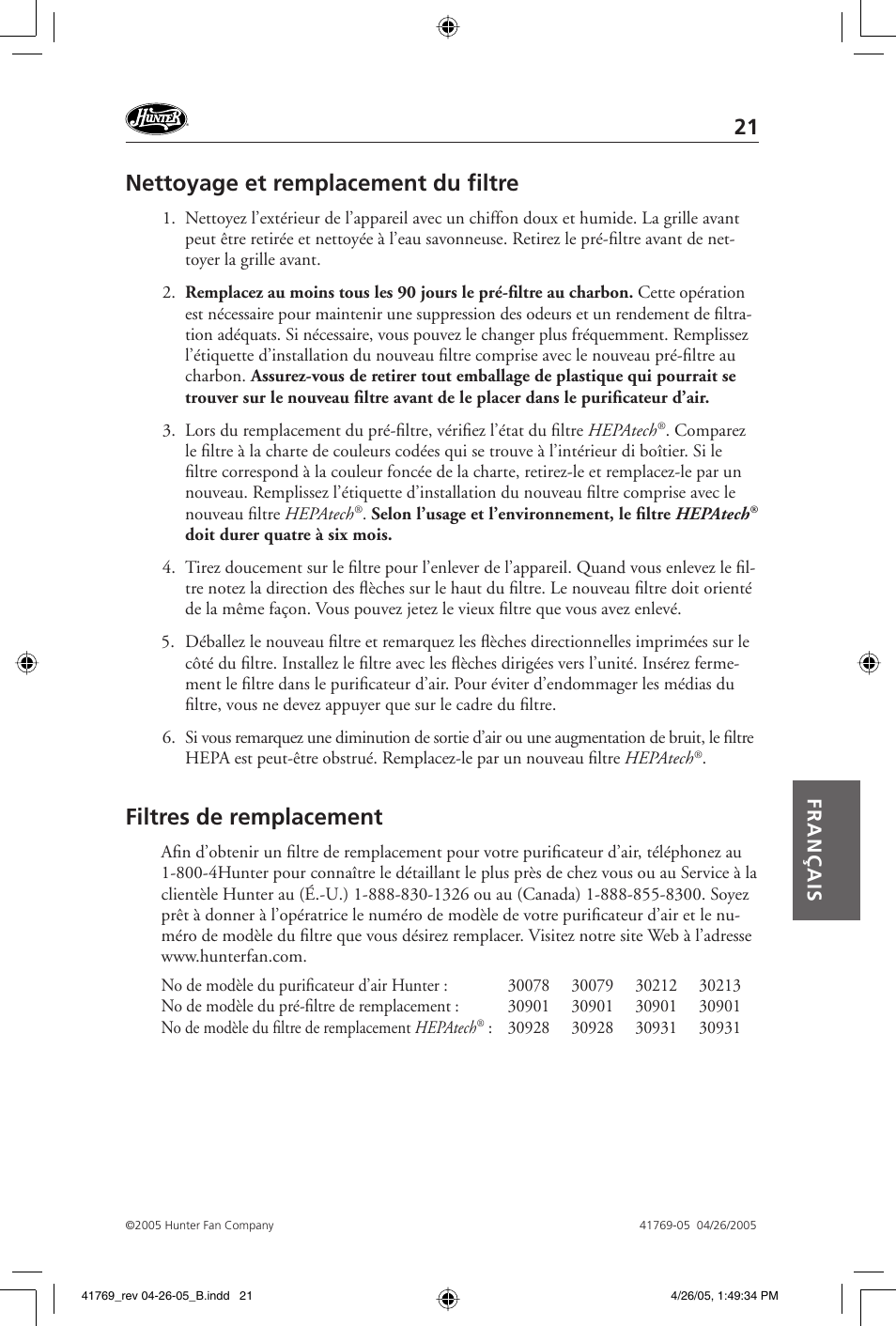 Nettoyage et remplacement du fi ltre, Filtres de remplacement, Français | Hunter Fan 30213 User Manual | Page 21 / 24