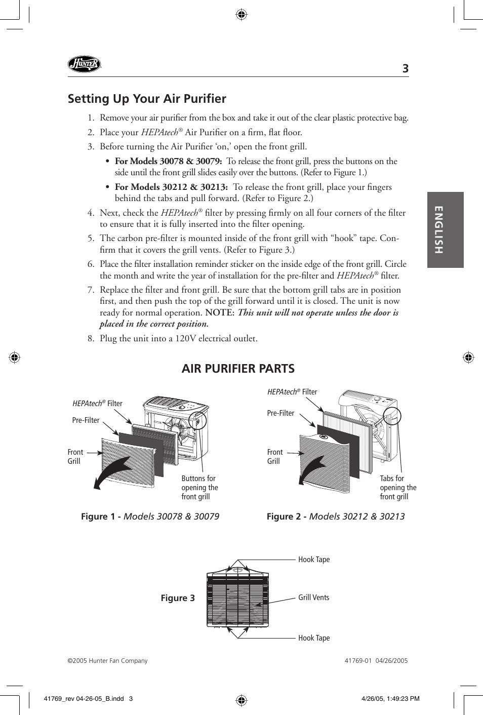 Setting up your air purifi er, Air purifier parts, English | Hunter Fan 30213 User Manual | Page 3 / 24