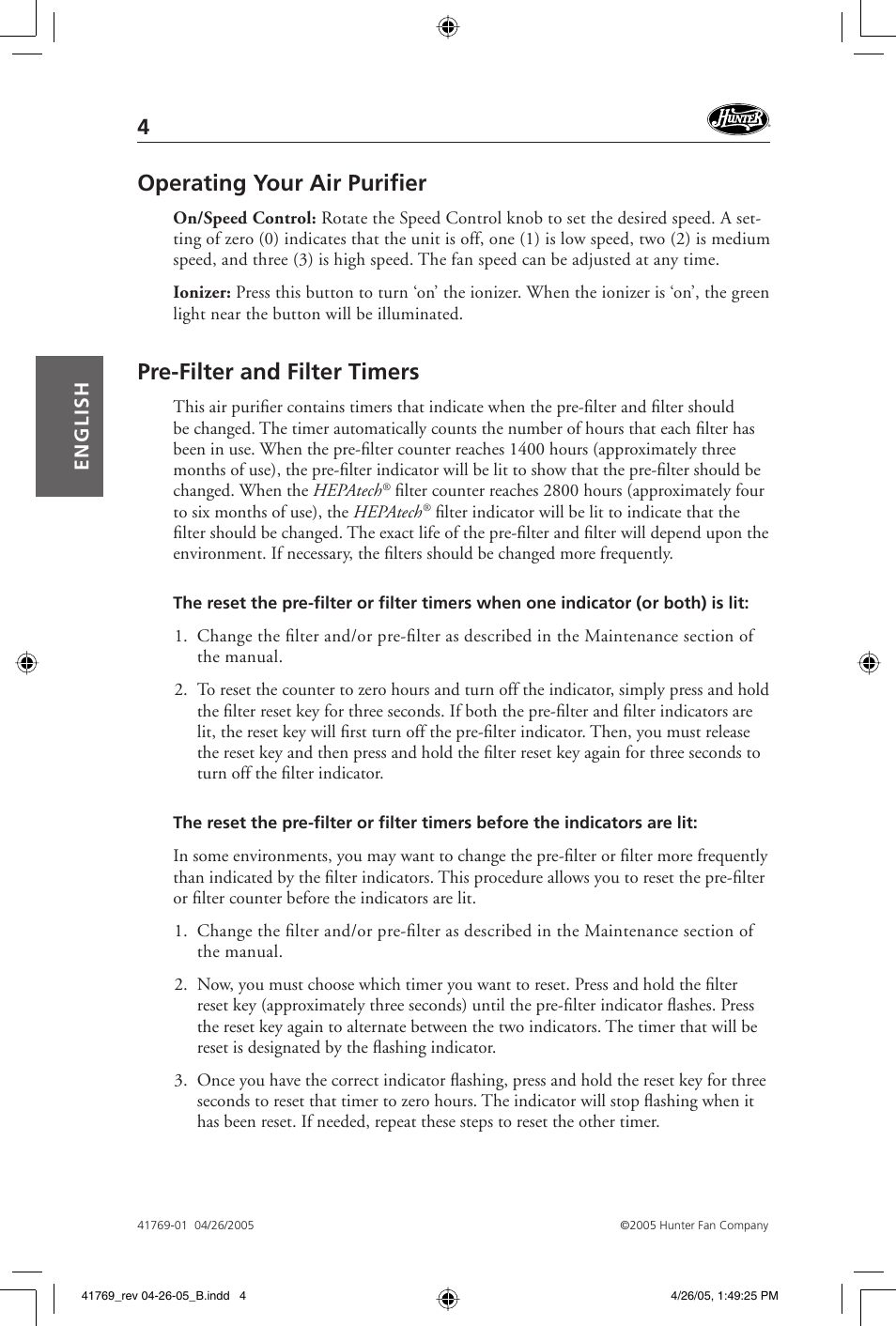 Operating your air purifi er, Pre-filter and filter timers, English | Hunter Fan 30213 User Manual | Page 4 / 24