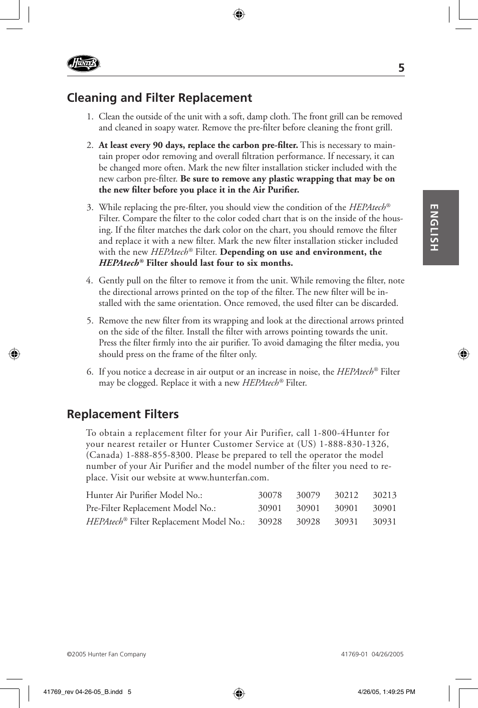 Cleaning and filter replacement, Replacement filters, English | Hunter Fan 30213 User Manual | Page 5 / 24