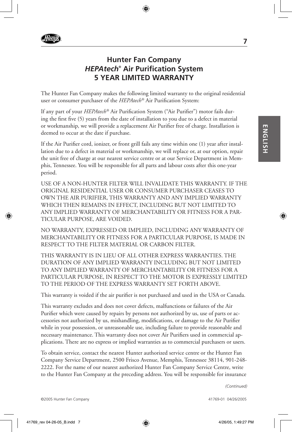 Hunter fan company hepatech, Air purifi cation system 5 year limited warranty, English | Hunter Fan 30213 User Manual | Page 7 / 24