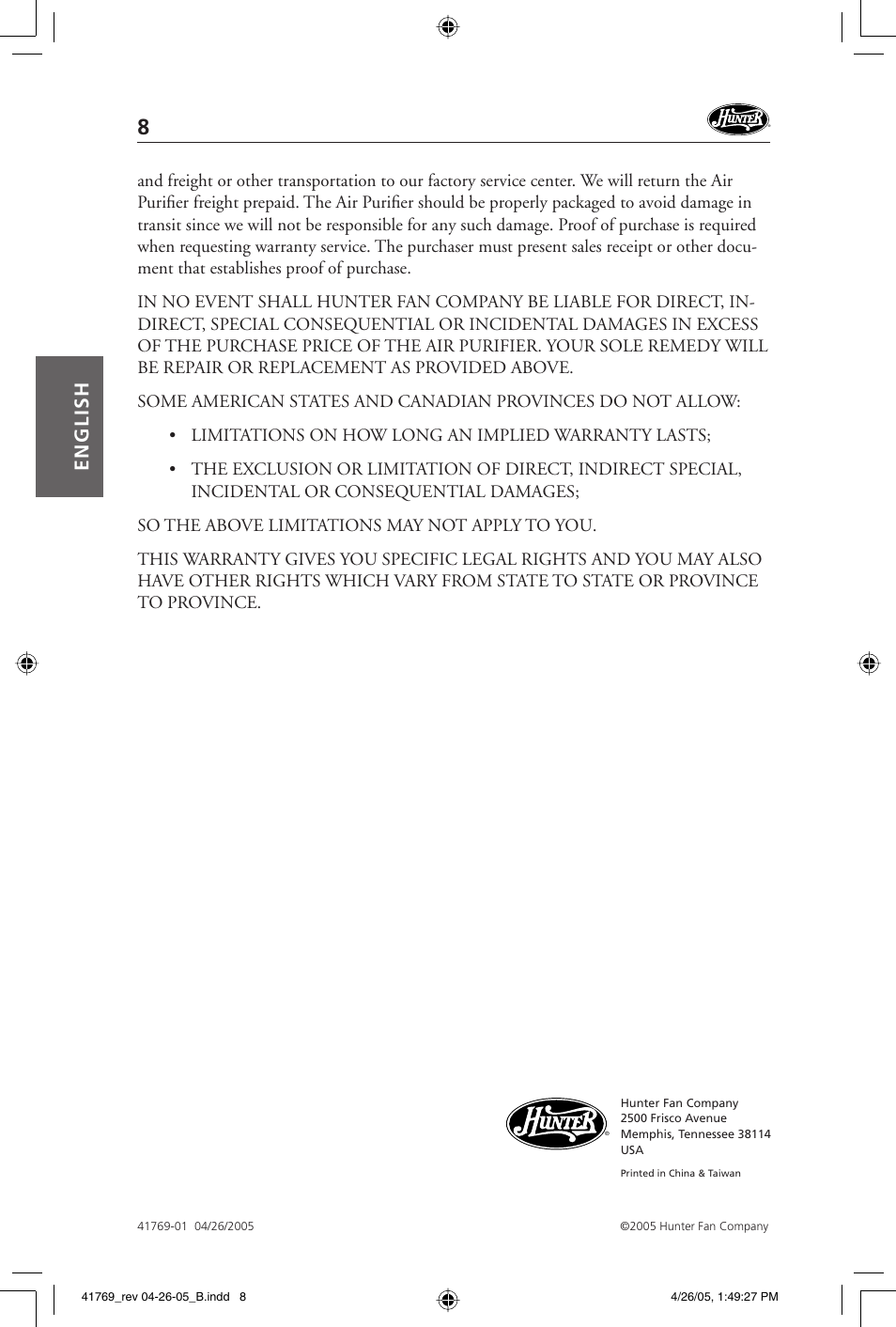 English | Hunter Fan 30213 User Manual | Page 8 / 24