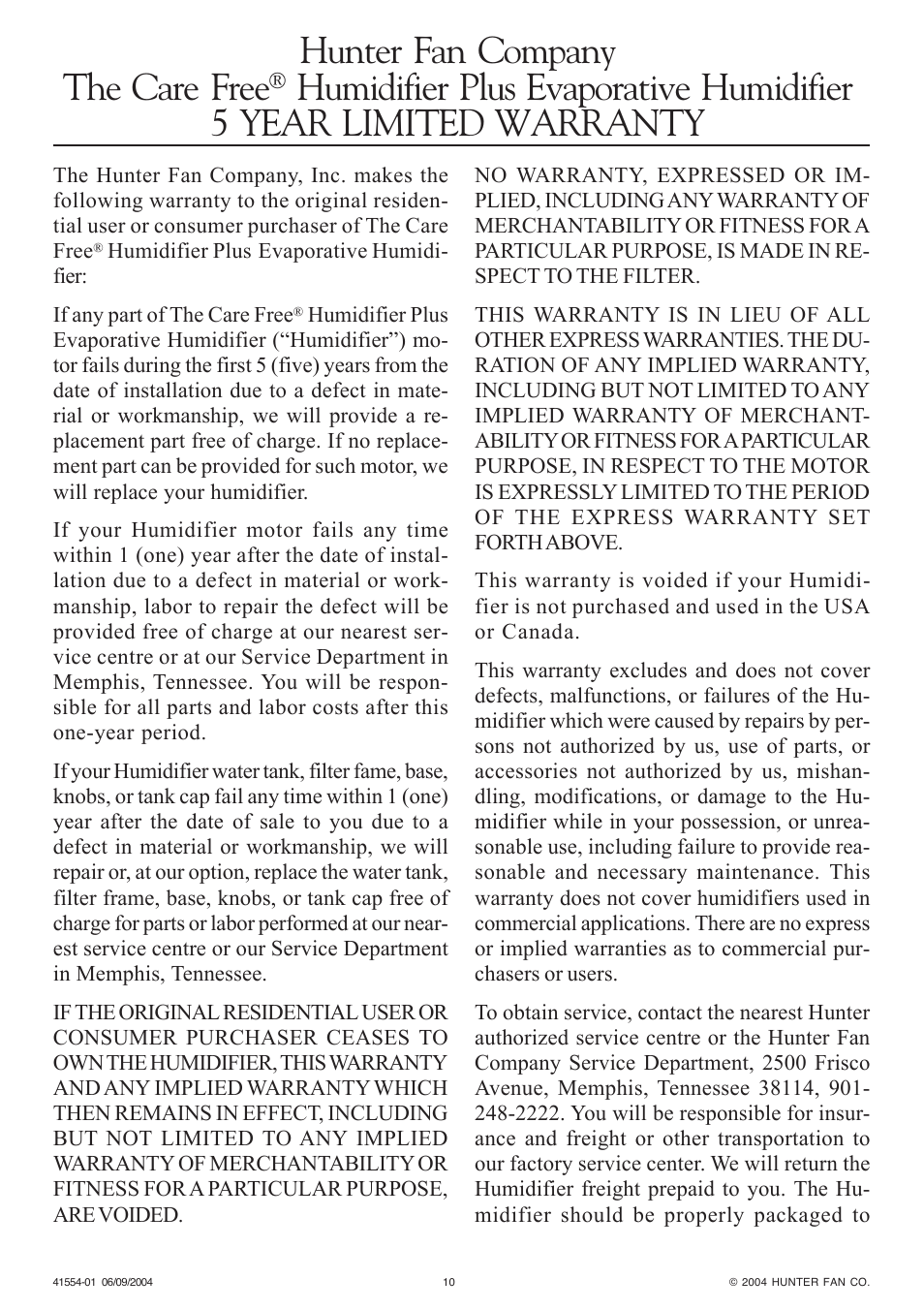 Hunter fan company the care free | Hunter Fan NiteGlo Humidifier Plus Evaporative Humidifier User Manual | Page 10 / 12