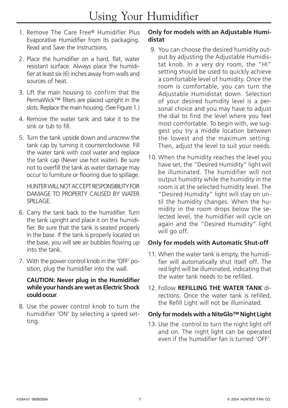 Using your humidifier | Hunter Fan NiteGlo Humidifier Plus Evaporative Humidifier User Manual | Page 7 / 12