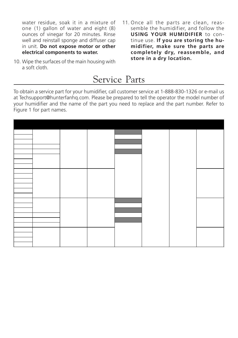 Service parts | Hunter Fan NiteGlo Humidifier Plus Evaporative Humidifier User Manual | Page 9 / 12